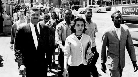 Black leaders, including CT Vivian, left first row, march down Nashville's Jefferson Street at the head of a group of 3,000 demonstrators April 19, 1960, and head toward City Hall on the day of the Z. Alexander Looby bombing.