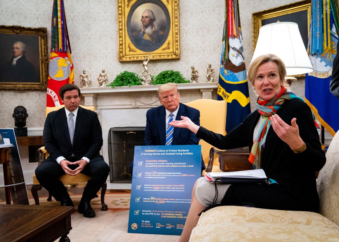 Dr. Birx answers a question while meeting with Florida Gov. Ron DeSantis and President Donald Trump in the Oval Office on April 28.