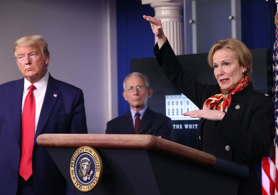 Dr. Birx speaks while flanked by President Donald Trump and Dr. Anthony Fauci during a coronavirus task force briefing at the White House on March 31.