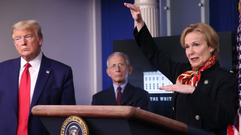 Dr. Birx speaks while flanked by President Donald Trump and Dr. Anthony Fauci during a coronavirus task force briefing at the White House on March 31.