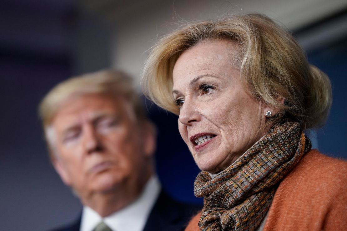 President Donald Trump looks on as Dr. Deborah Birx speaks about the coronavirus outbreak in the press briefing room at the White House on March 17.