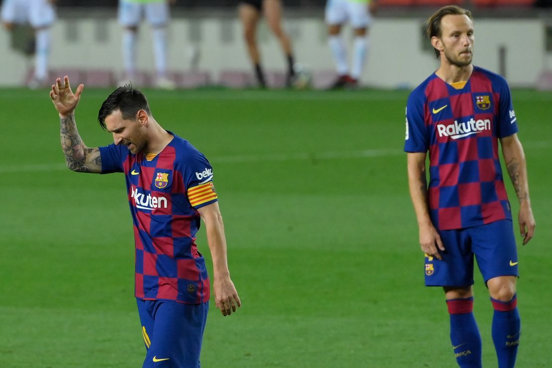 Lionel Messi's frustrated 'celebration' after drawing Barcelona level.