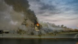200710-N-MJ716-0498SAN DIEGO (July 12, 2020) A fire continues to be fought into the evening on board the amphibious assault ship USS Bonhomme Richard (LHD 6) at Naval Base San Diego, July 12. On the morning of July 12, a fire was called away aboard the ship while it was moored pier side at Naval Base San Diego. Base and shipboard firefighters responded to the fire. Bonhomme Richard is going through a maintenance availability, which began in 2018. (U.S. Navy Photo by Mass Communication Specialist 2nd Class Austin Haist/Released)