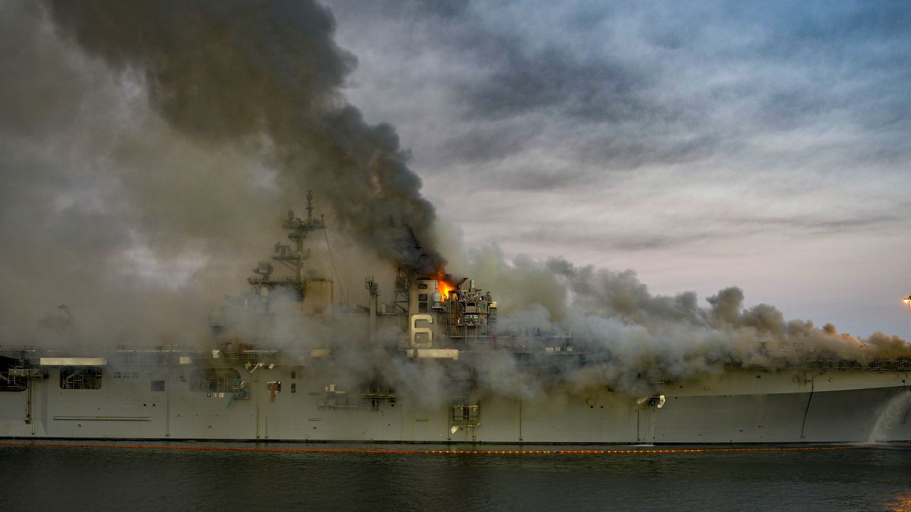 A fire burns aboard the USS Bonhomme Richard in San Diego on July 12, 2020.