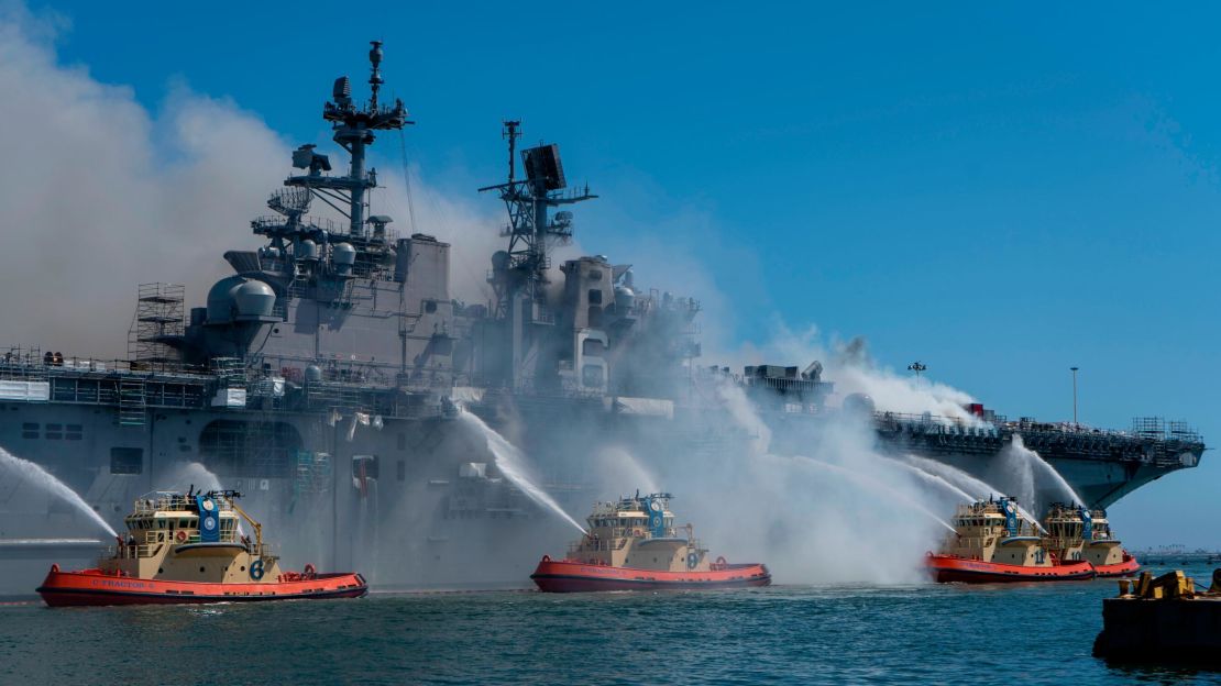 Sailors and federal firefighters combat a fire onboard the amphibious assault ship USS Bonhomme Richard at Naval Base San Diego onJuly 12.