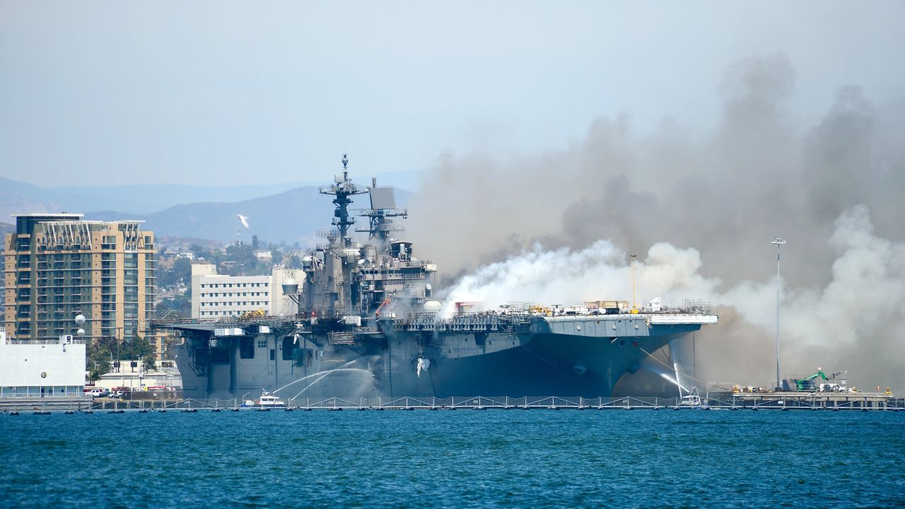 200712-N-UX839-017
CORONADO, Calif. (July 12, 2020) Port of San Diego Harbor Police Department boats combat a fire on board USS Bonhomme Richard (LHD 6) at Naval Base San Diego, July 12. On the morning of July 12, a fire was called away aboard the ship while it was moored pier side at Naval Base San Diego. Local, base and shipboard firefighters responded to the fire. USS Bonhomme Richard is going through a maintenance availability, which began in 2018. (U.S. Navy photo by Lt. John J. Mike/Released)