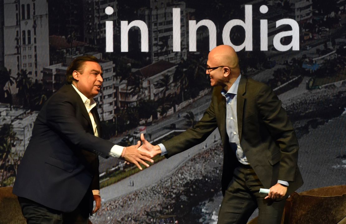 Microsoft CEO Satya Nadella with Mukesh Ambani during the Microsoft Future Decoded Summit on February 24, 2020 in Mumbai, India. 