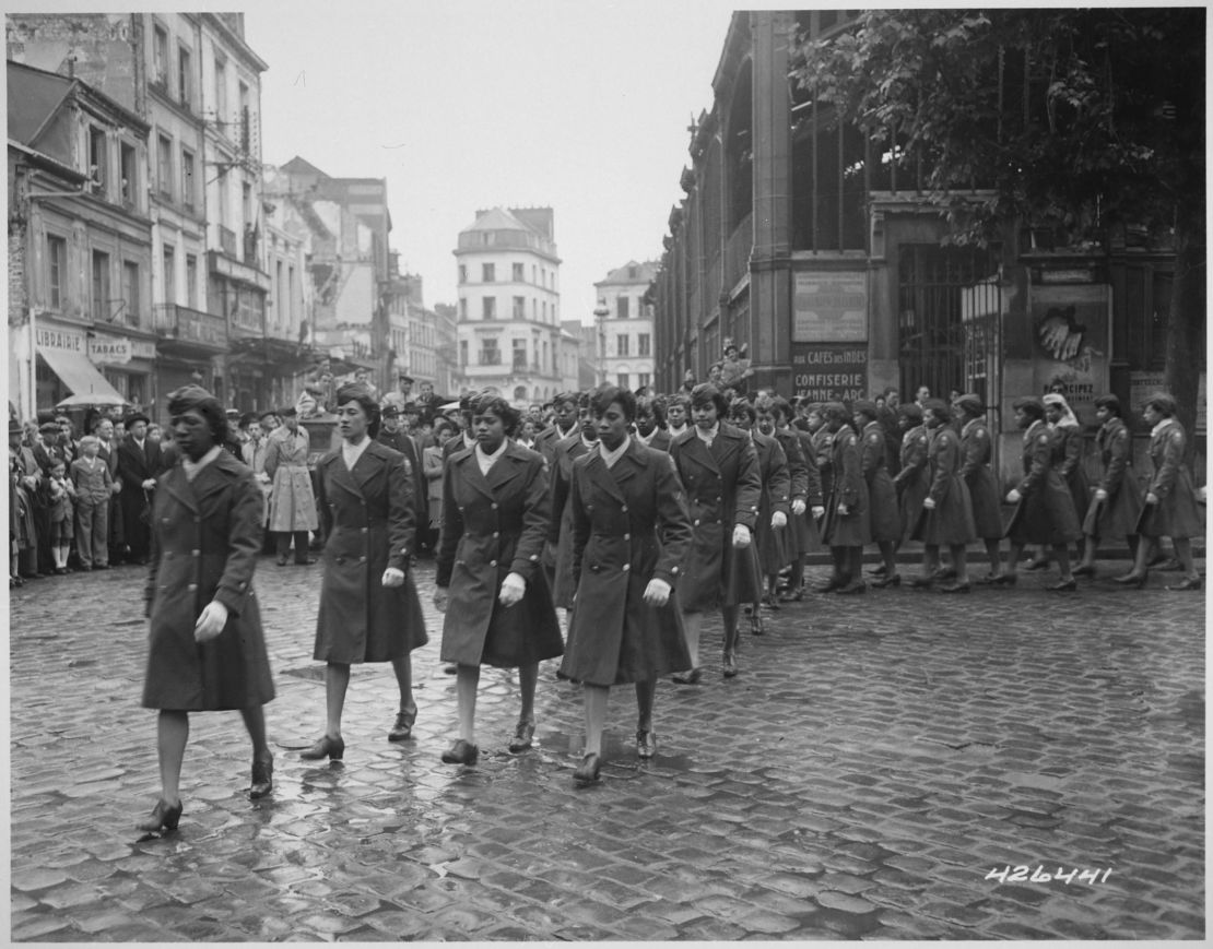 The battalion on parade in France, 1945. Lena King said she enlisted after a Jewish friend was killed in the Air Force: "I felt that as an African American, we wanted to show that we were as involved in our country and loved it." 
