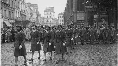 The battalion on parade in France, 1945. Lena King said she enlisted after a Jewish friend was killed in the Air Force: "I felt that as an African American, we wanted to show that we were as involved in our country and loved it." 