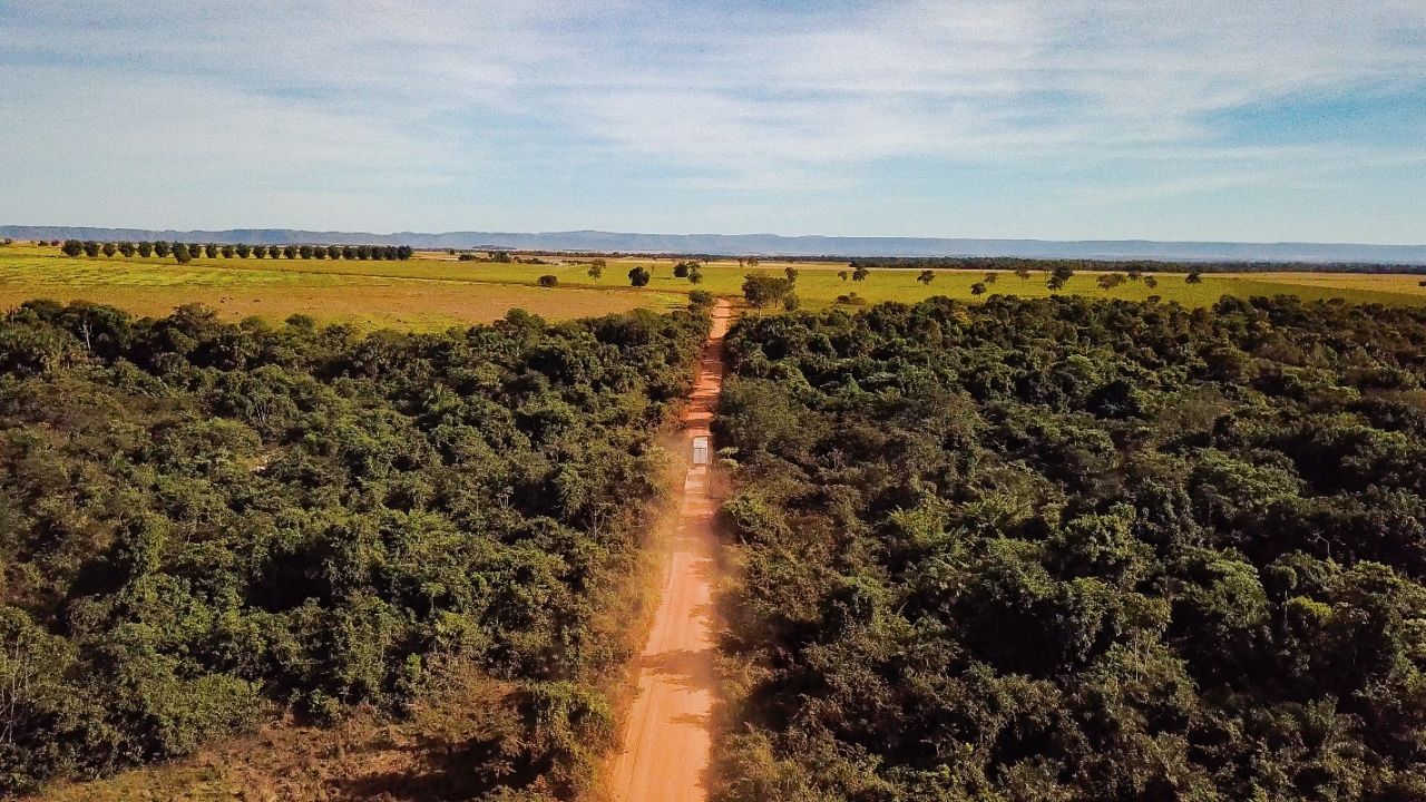A road leads through forest to land cleared for farms, near Barro da Garças in Brazil.