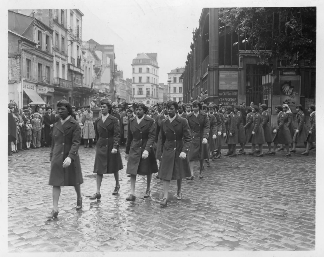 Members of the 6888th Battalion march in a parade in Rouen, France.