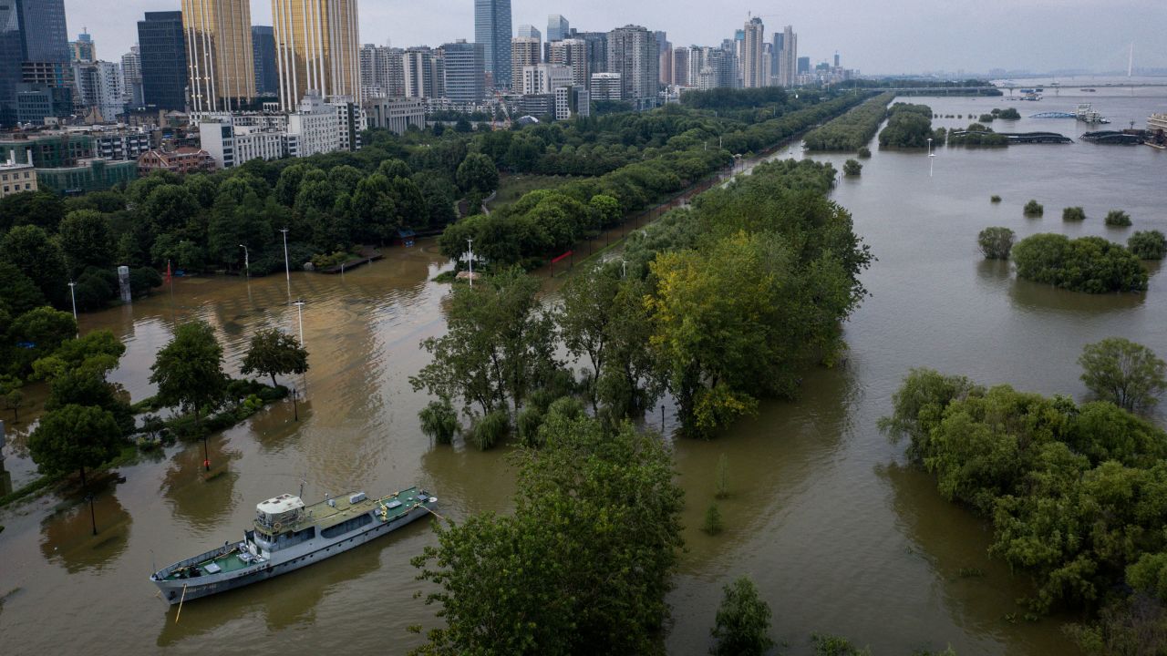 A drone view of flooded Hankou Jiangtan Park caused by heavy rains along the Yangtze river on July 13, 2020 in Wuhan, China.