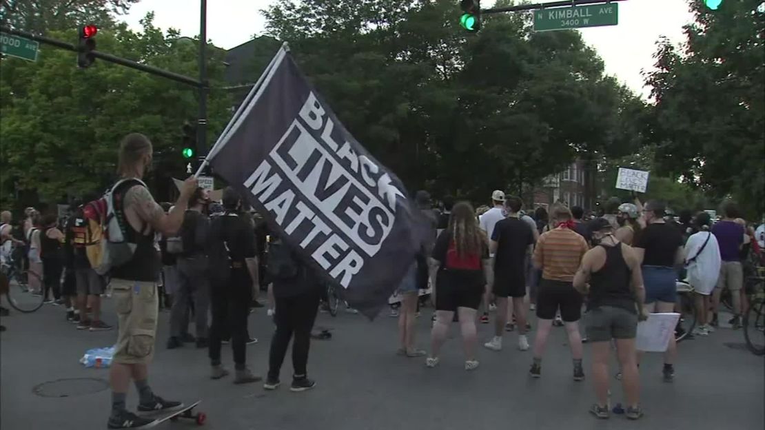 Protesters gathered near home of Chicago Mayor Lori Lightfoot on Saturday. 