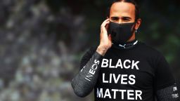 BUDAPEST, HUNGARY - JULY 19: Lewis Hamilton of Great Britain and Mercedes GP is seen wearing a black lives matter t-shirt prior to the Formula One Grand Prix of Hungary at Hungaroring on July 19, 2020 in Budapest, Hungary. (Photo by Mark Thompson/Getty Images)
