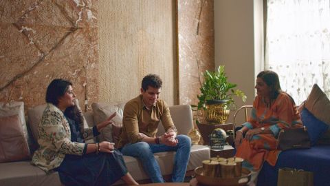 Pradhyuman (center), who runs a jewelry business, meets with Sima Auntie to spell out his demands. And he's demanding, having rejected more than 150 potential suitors.