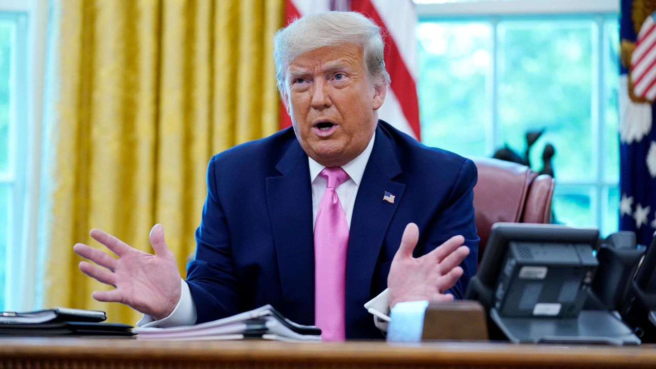 President Donald Trump speaks to the media while meeting with Senate Majority Leader Mitch McConnell and House Minority Leader Kevin McCarthy in the Oval Office, Monday, July 20, 2020.