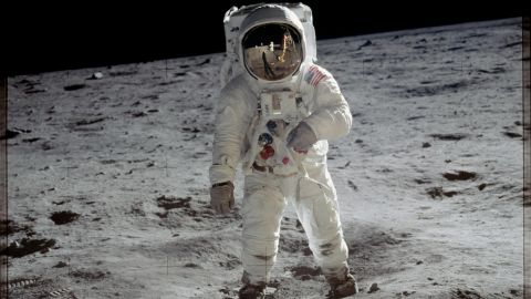 Astronaut Edwin "Buzz" Aldrin walks on the moon during the Apollo 11 mission.