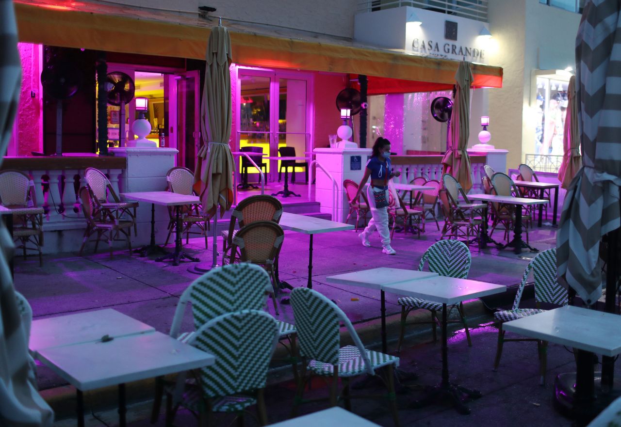 A restaurant's outdoor seating area is closed in Miami Beach, Florida, on July 18. The city ordered <a href="index.php?page=&url=https%3A%2F%2Fedition.cnn.com%2Fworld%2Flive-news%2Fcoronavirus-pandemic-07-17-20-intl%2Fh_9581f7656c9969cf26c2a626790f86be" target="_blank">a curfew for most of its entertainment district.</a>