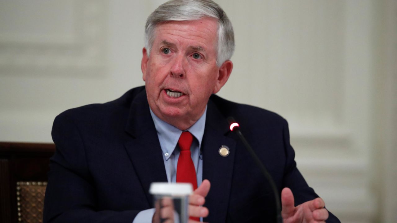 Missouri Gov. Mike Parson speaks during a "National Dialogue on Safely Reopening America's Schools," event in the East Room of the White House, Tuesday, July 7, 2020, in Washington. 