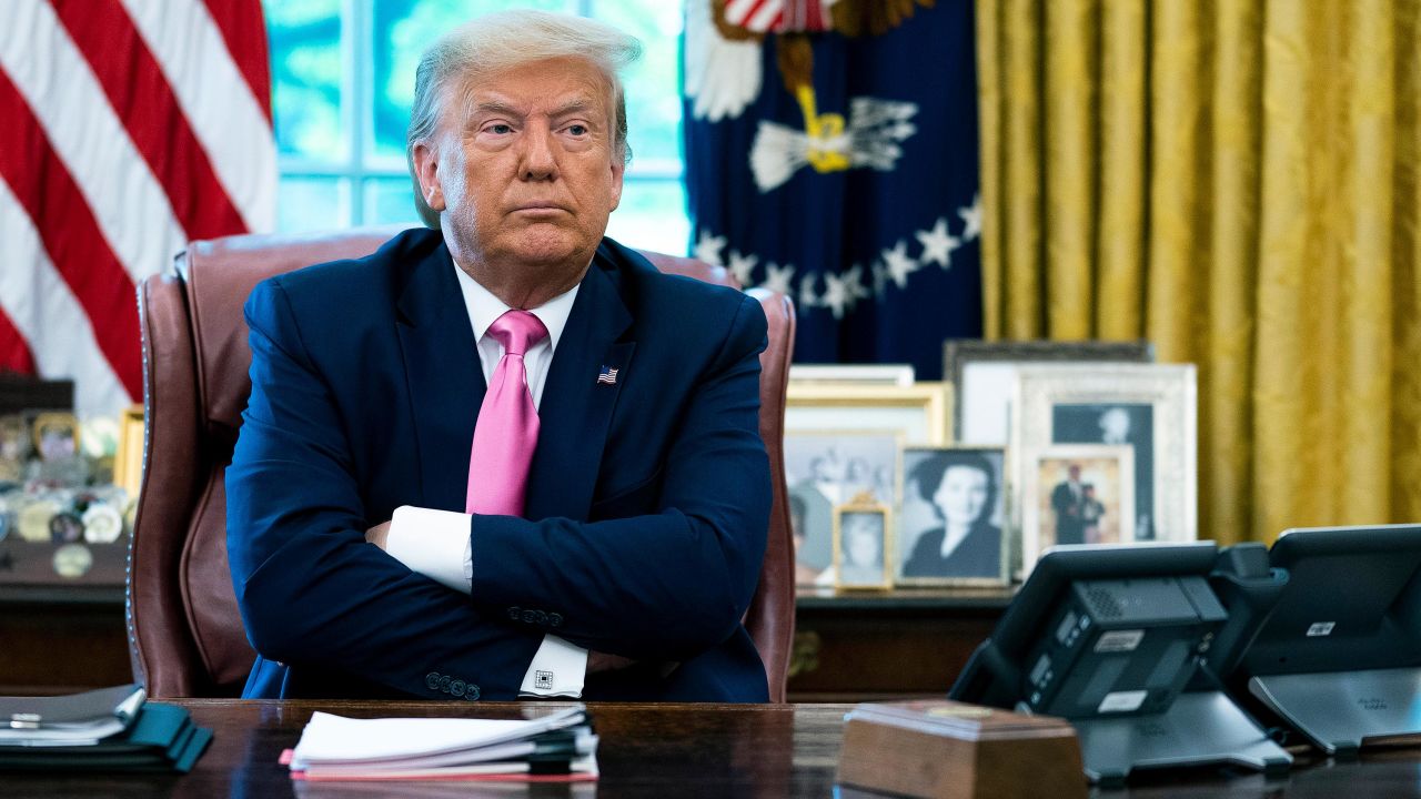 U.S. President Trump talks to reporters while hosting Republican Congressional leaders and members of his cabinet in the Oval Office at the White House July 20, 2020 in Washington, DC.