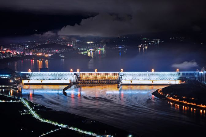A night view of the illuminated Three Gorges Dam on October 17, 2017. 