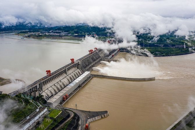 This aerial picture taken on June 29, 2020 shows water being released from the Three Gorges Dam.