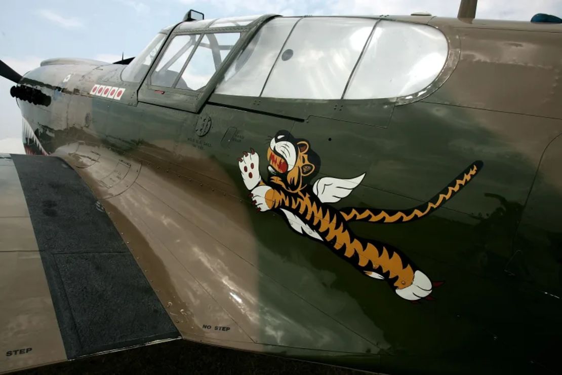 A World Warhawk P-40, painted in the colors of the American Volunteer Group, the "Flying Tigers," is on display in Oshkosh, Wisconsin, in 2007.