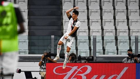 Ronaldo celebrates in trademark fashion after putting Juventus ahead against Lazio. 