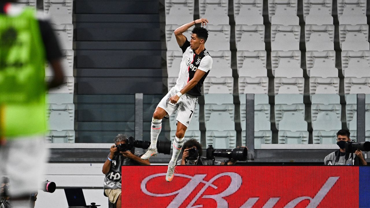 Ronaldo celebrates in trademark fashion after putting Juventus ahead against Lazio.