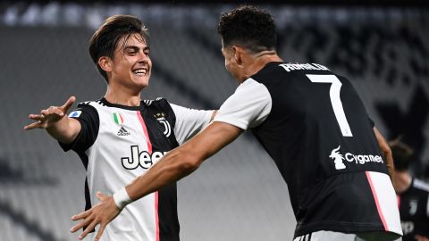 Ronaldo and Dybala celebrate during Juventus' win against Lazio. 