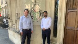 Yaseen Aslam, right, and his co-plaintiff James Farrar outside the UK Supreme Court.

