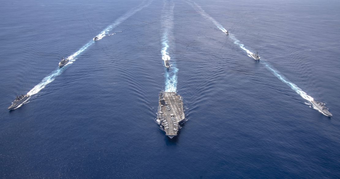 The USS Nimitz seen with its accompanying strike group in the Indian Ocean in July 2020. 