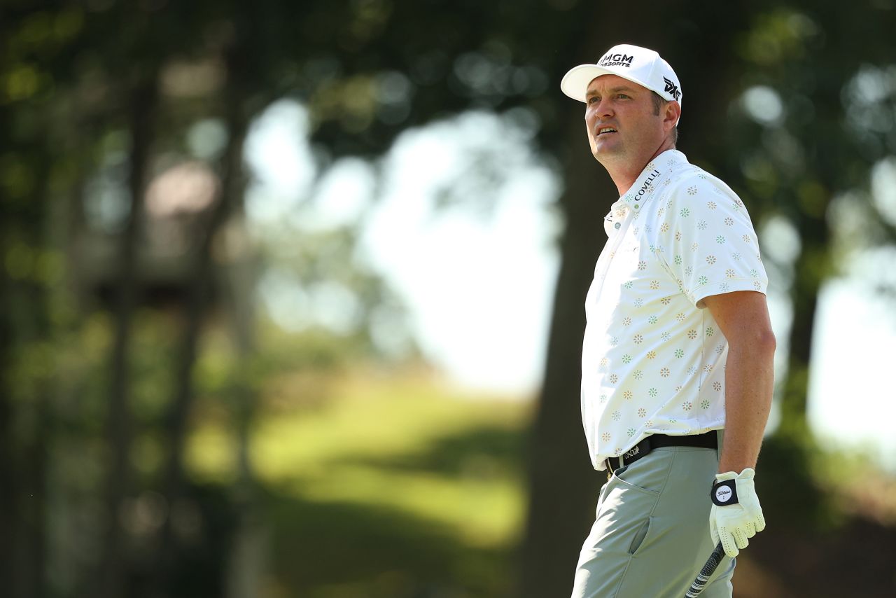 No. 7: American Jason Kokrak -- average 312.4 yards -- reacts to a shot from the 18th tee during the second round of the Travelers Championship at TPC River Highlands on June 26, 2020 in Cromwell, Connecticut.