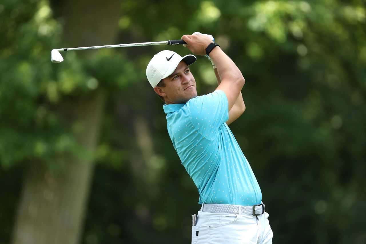 No. 2: American Cameron Champ -- average 322.2 yards -- plays his shot from the 11th tee during the first round of the Rocket Mortgage Classic on July 02, 2020 at the Detroit Golf Club in Detroit, Michigan.