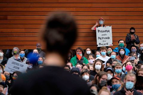 Kayla Washington speaks to protesters June 12 who want to disarm campus police officers at Portland State University. Kayla's father, Jason, was killed by campus police in 2018.