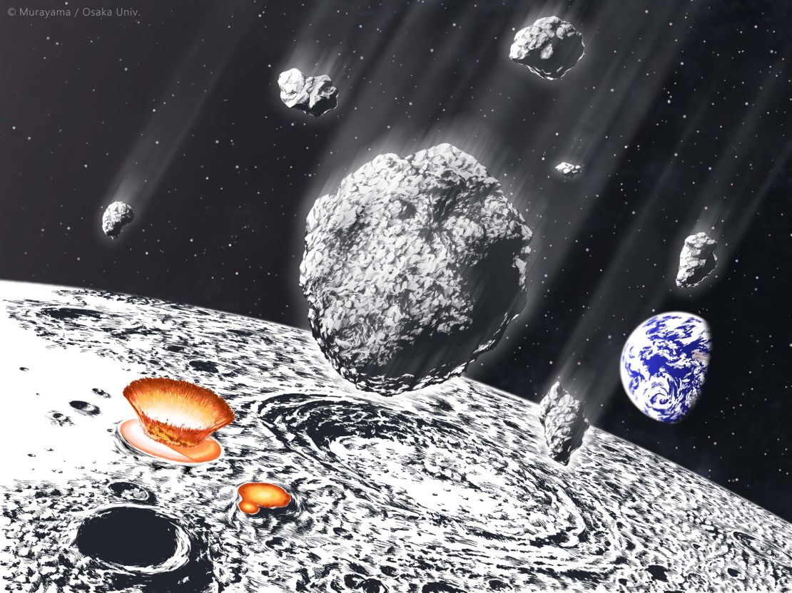 This artist's illustration shows an asteroid shower on the moon and Earth.