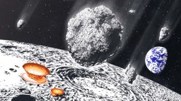 An artist's illustration depicts an asteroid shower on the Earth-Moon system 