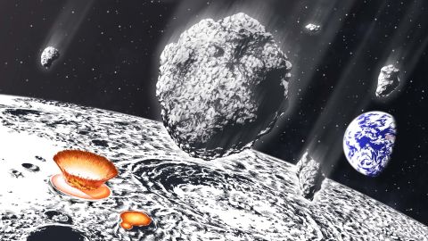 This artist's illustration shows an asteroid shower on the moon and Earth.