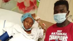 Nigerian couple Suliyat Abdulkareem and Tijani Abdulkareem pictured at the Latifah Women and Children's Hospital in Dubai, on July 19, 2020. Their quadruplet babies were born on July 1.