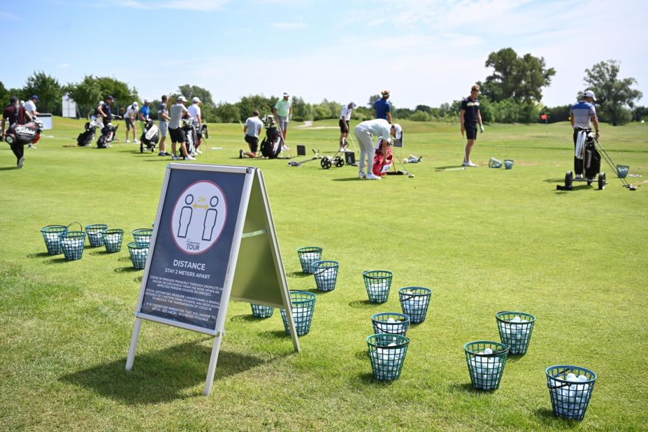 Pandemic: A sign telling players about social distancing and other advice against Covid-19 is seen during practice prior to the Austrian Open at Diamond Country Club on July 08, 2020 in Atzenbrugg, Austria. Golf's European Tour had been suspended since March due to the coronavirus pandemic, before its resumption at the British Masters on July 22.