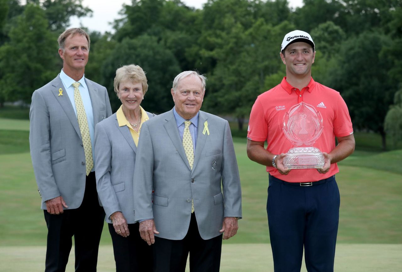 'Very fortunate': Jon Rahm of Spain celebrates with Jack Nicklaus, Barbara Nicklaus and son Jack Nicklaus II after winning in the final round of The Memorial Tournament on July 19, 2020 at Muirfield Village Golf Club in Dublin, Ohio. Golf legend Nicklaus announced at the tournament that he and his wife, Barbara, both tested positive for the Covid-19 virus in March. The 80-year-old, who hosted the competition, told Jim Nantz during a CBS telecast that he had dealt with a sore throat and a cough and that his wife was asymptomatic. The 18-time major champion said: "It didn't last very long, and we were very, very fortunate, very lucky. Barbara and I are both of the age that is an at-risk age."