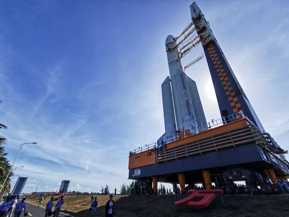 This photo taken on July 17, 2020 shows a Long March 5 rocket being transferred before a planned launch in Wenchang in China's southern Hainan province.