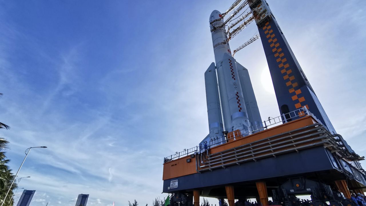This photo taken on July 17, 2020 shows a Long March 5 rocket being transferred before a planned launch in Wenchang in China's southern Hainan province.