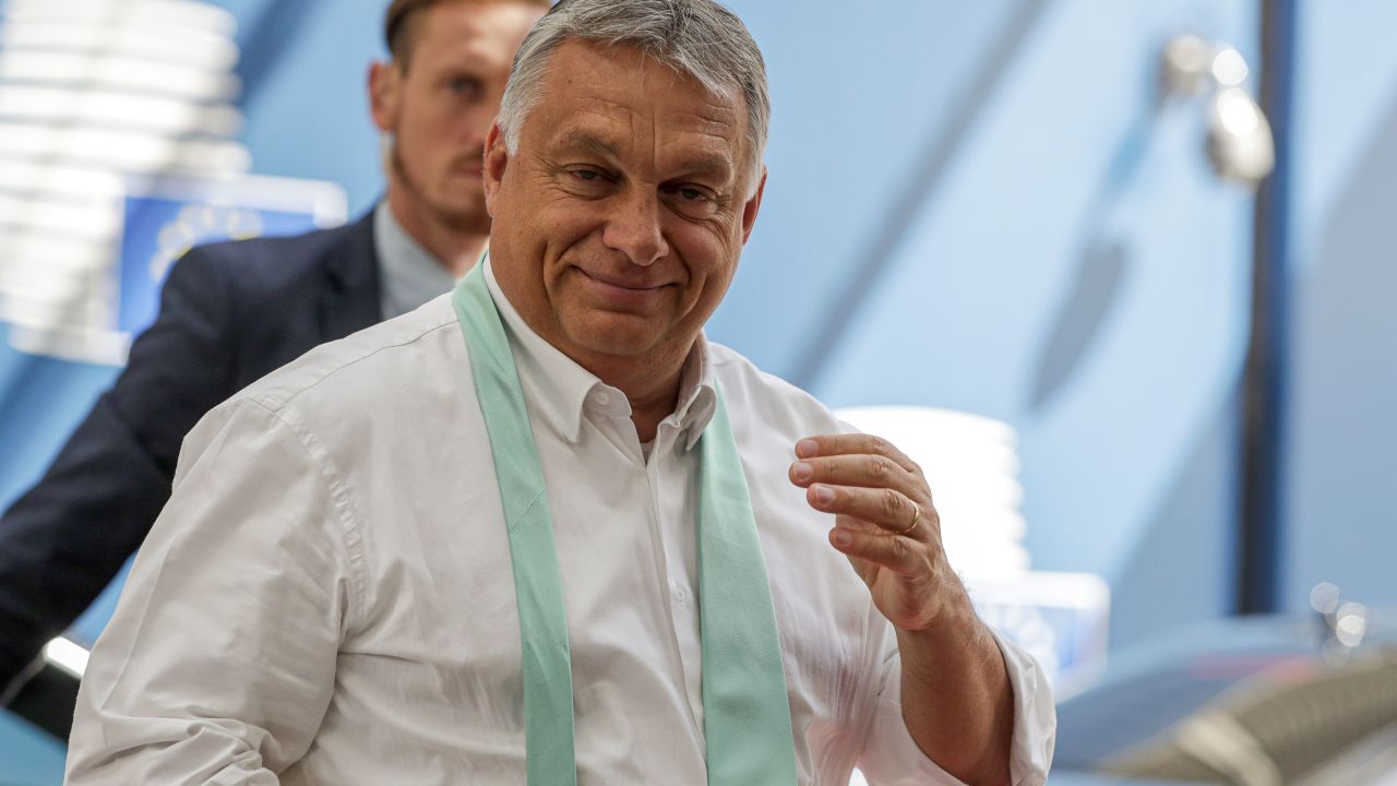 Hungary's Prime Minister Viktor Orban arrives at the EU summit in Brussels on Monday. 