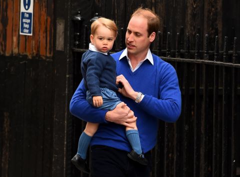 Prince William and Prince George arrive at a London hospital on the day Princess Charlotte was born in May 2015.