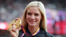 Gold medallist US athlete Emma Coburn poses on the podium during the victory ceremony for the women's 3000m steeplechase athletics event at the 2017 IAAF World Championships at the London Stadium in London on August 12, 2017. / AFP PHOTO / Daniel LEAL-OLIVAS        (Photo credit should read DANIEL LEAL-OLIVAS/AFP via Getty Images)