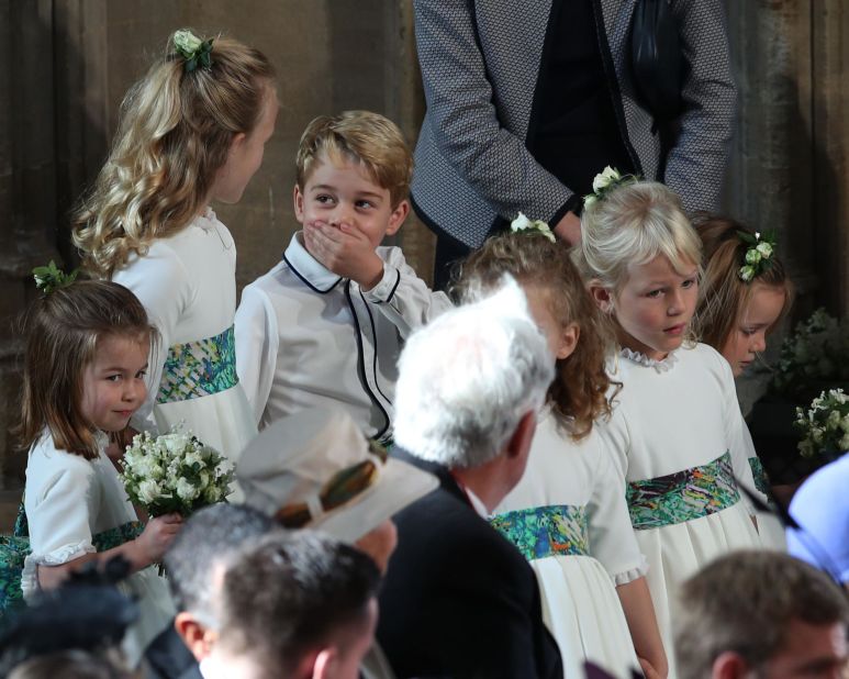 Prince George and other children in the royal family arrive for the wedding of Princess Eugenie in October 2018. George's sister, Charlotte, is at far left.
