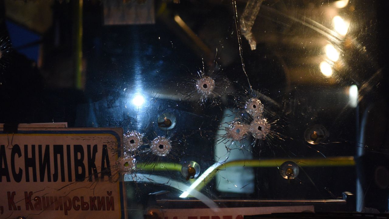Bullet holes in the windscreen of an intercity bus after the siege ended.