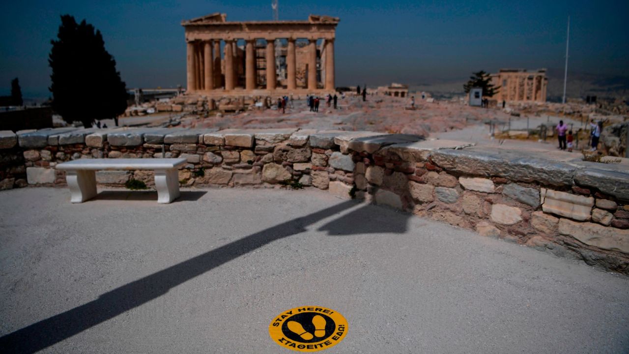 <strong>Athens:</strong> The Acropolis, the celebrated Greek citadel, reopened on May 18 -- with social distance markers in place. 