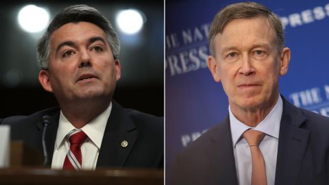Former Gov. John Hickenlooper, at right, attacked Republican Sen. Cory Gardner, at left, in a new ad released Wednesday.